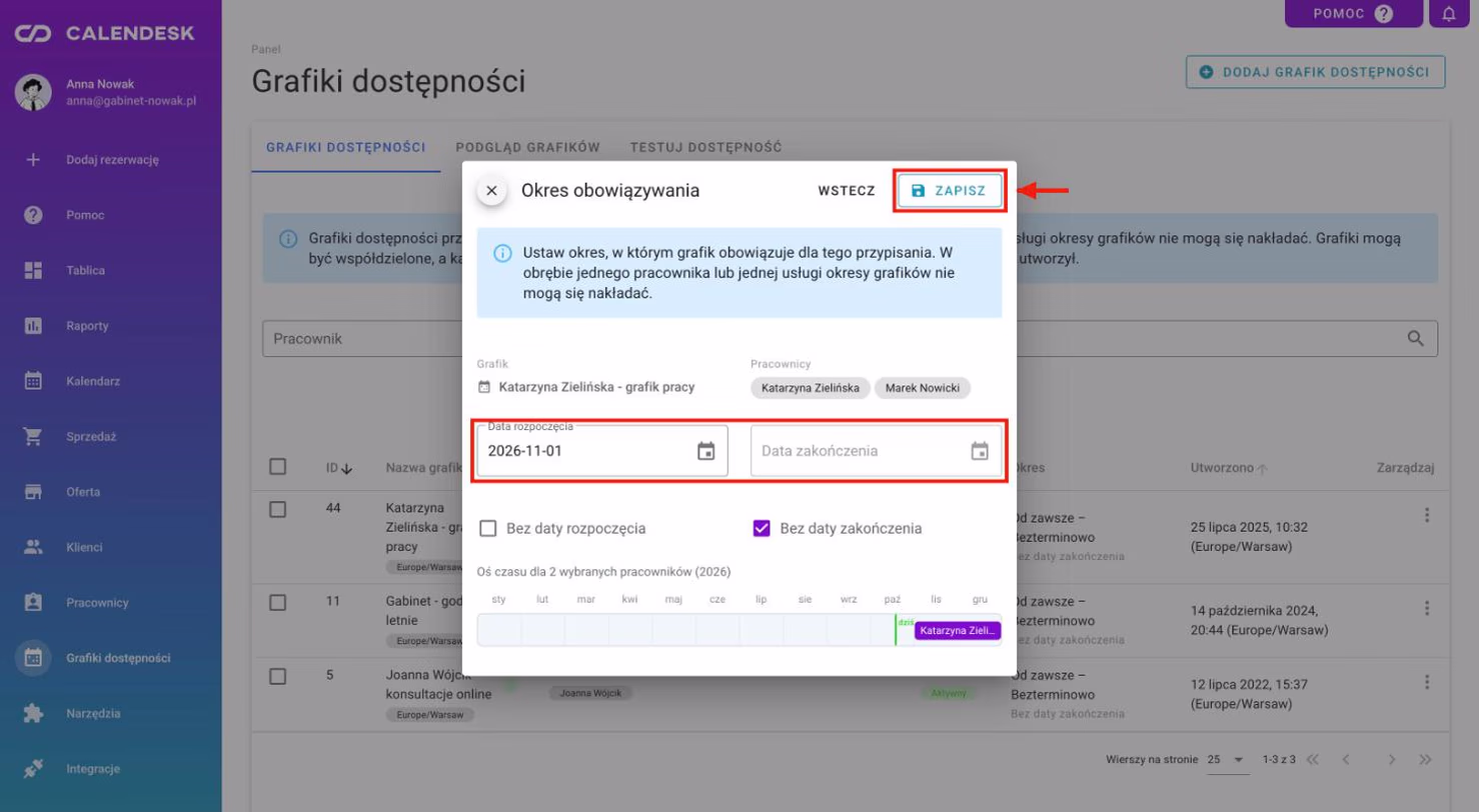 Okres obowiązywania: data rozpoczęcia, bez daty zakończenia i oś czasu.