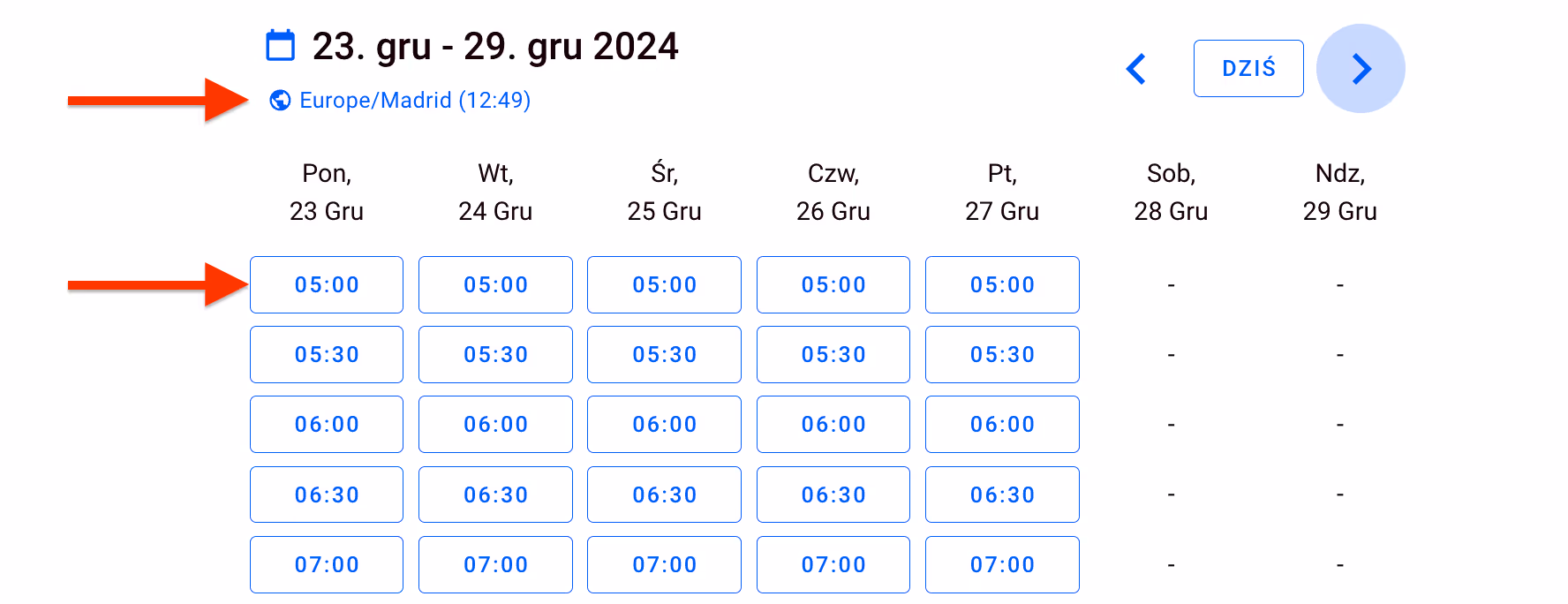 Dostępność w kalendarzu klienta.