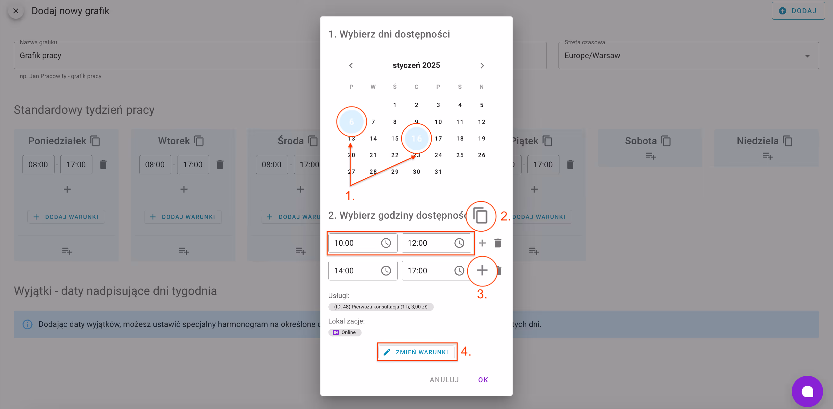 Wyjątki – daty nadpisujące dni tygodnia.