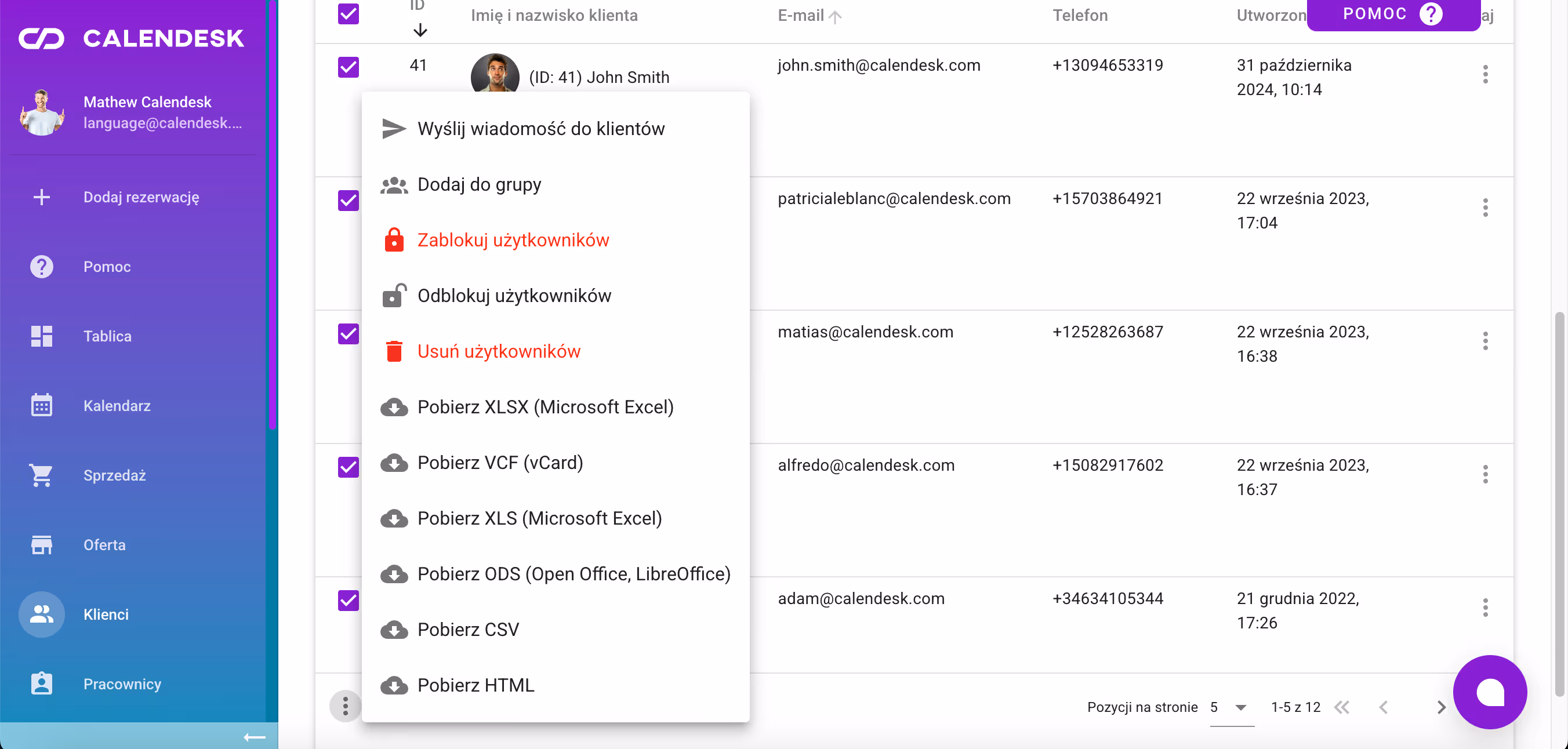 Opcje zarządzania listą klientów. 