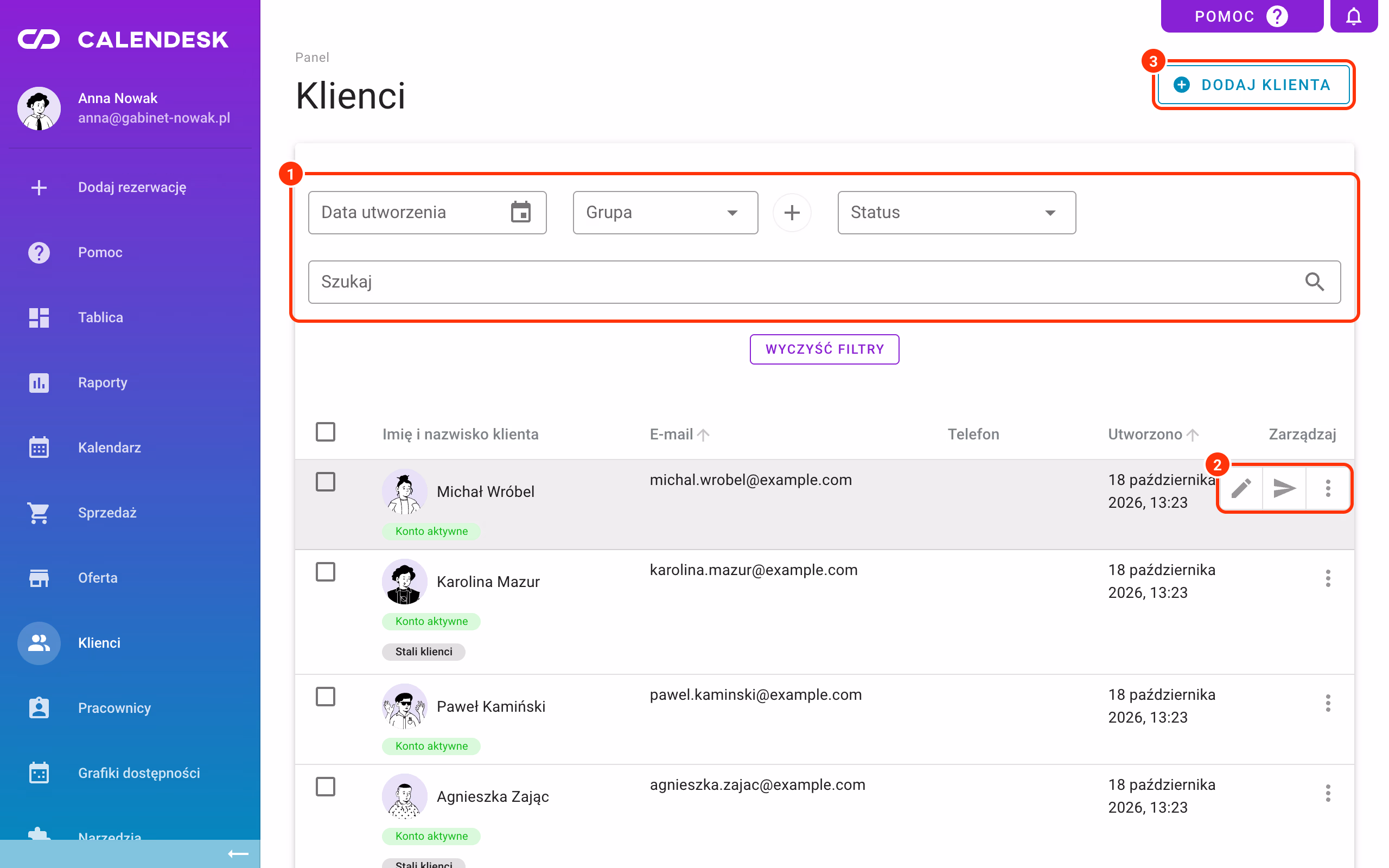 Filtry i wyszukiwarka (1), ikony w kolumnie Zarządzaj (2) i Dodaj klienta (3).