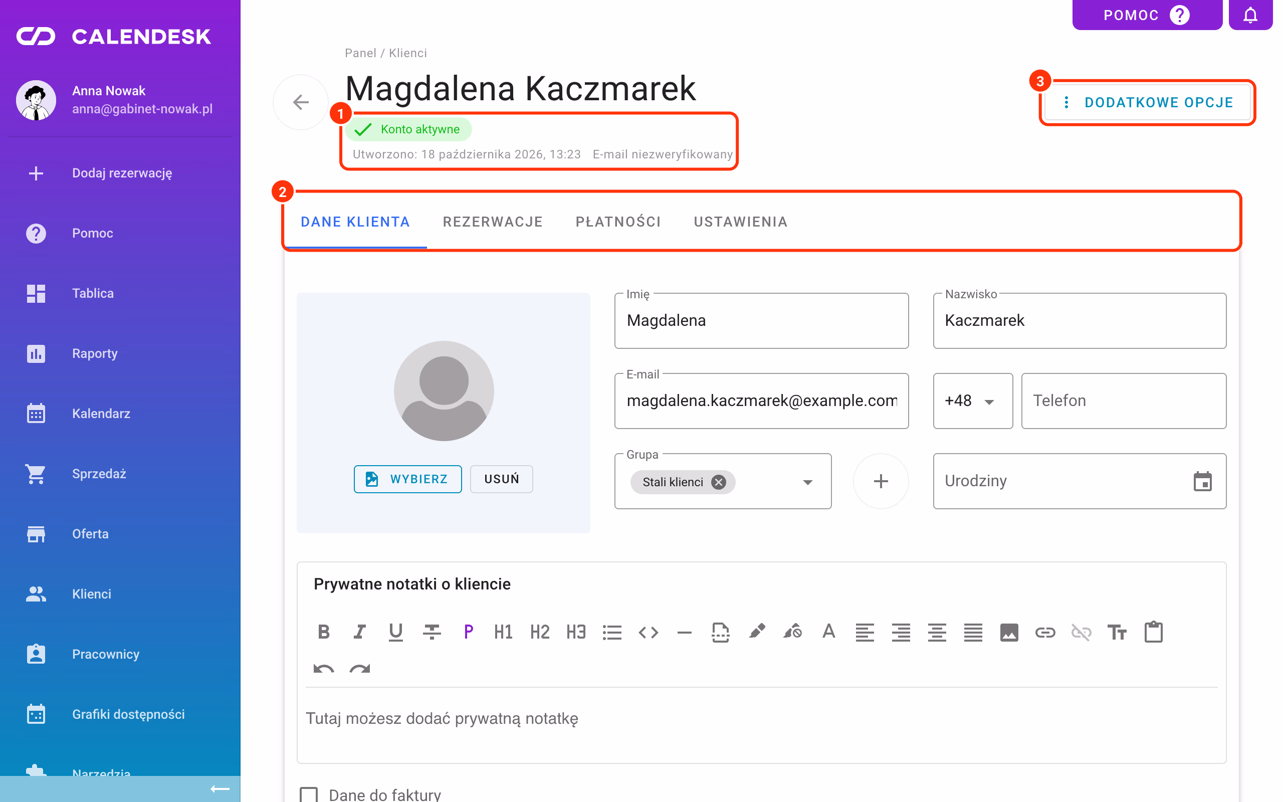 Karta klienta: status i data dodania (1), zakładki (2) i Dodatkowe opcje (3).