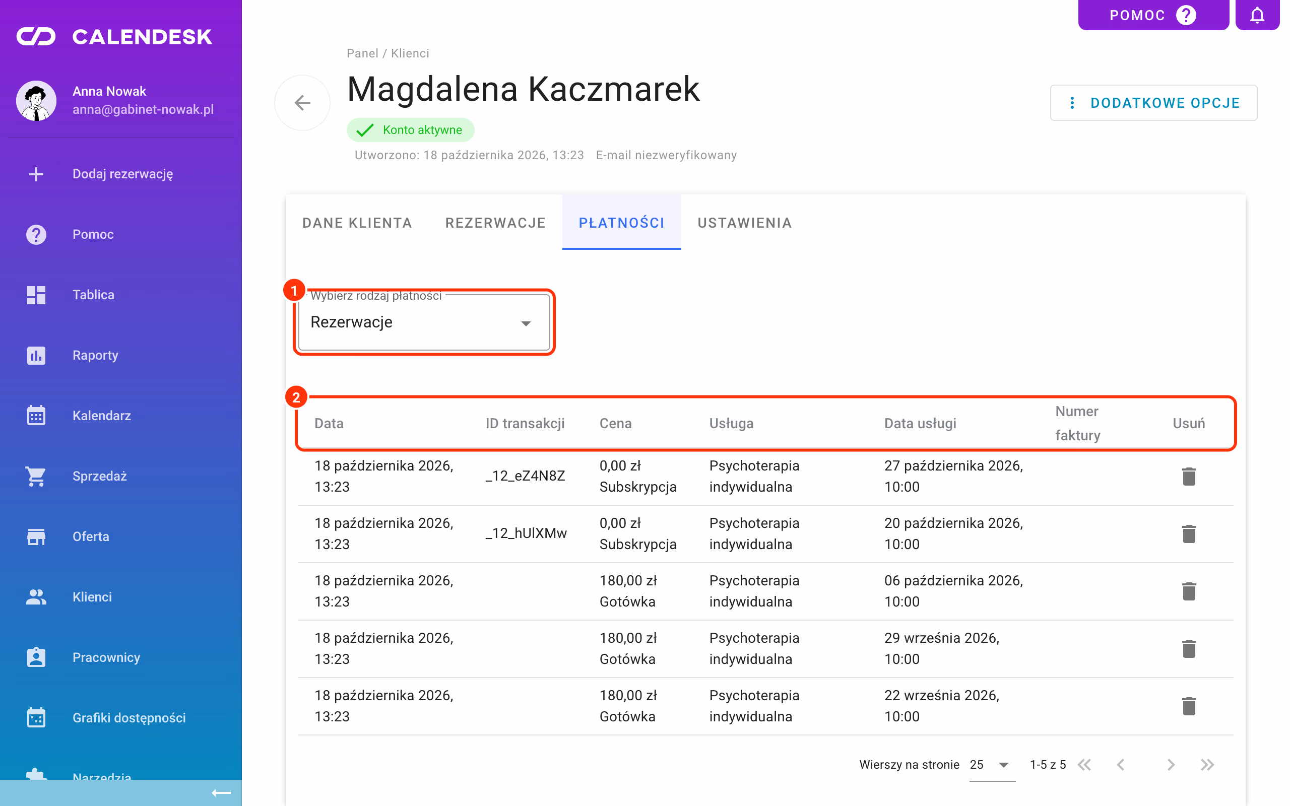 Płatności klienta: rodzaj płatności (1) i kolumny tabeli (2).