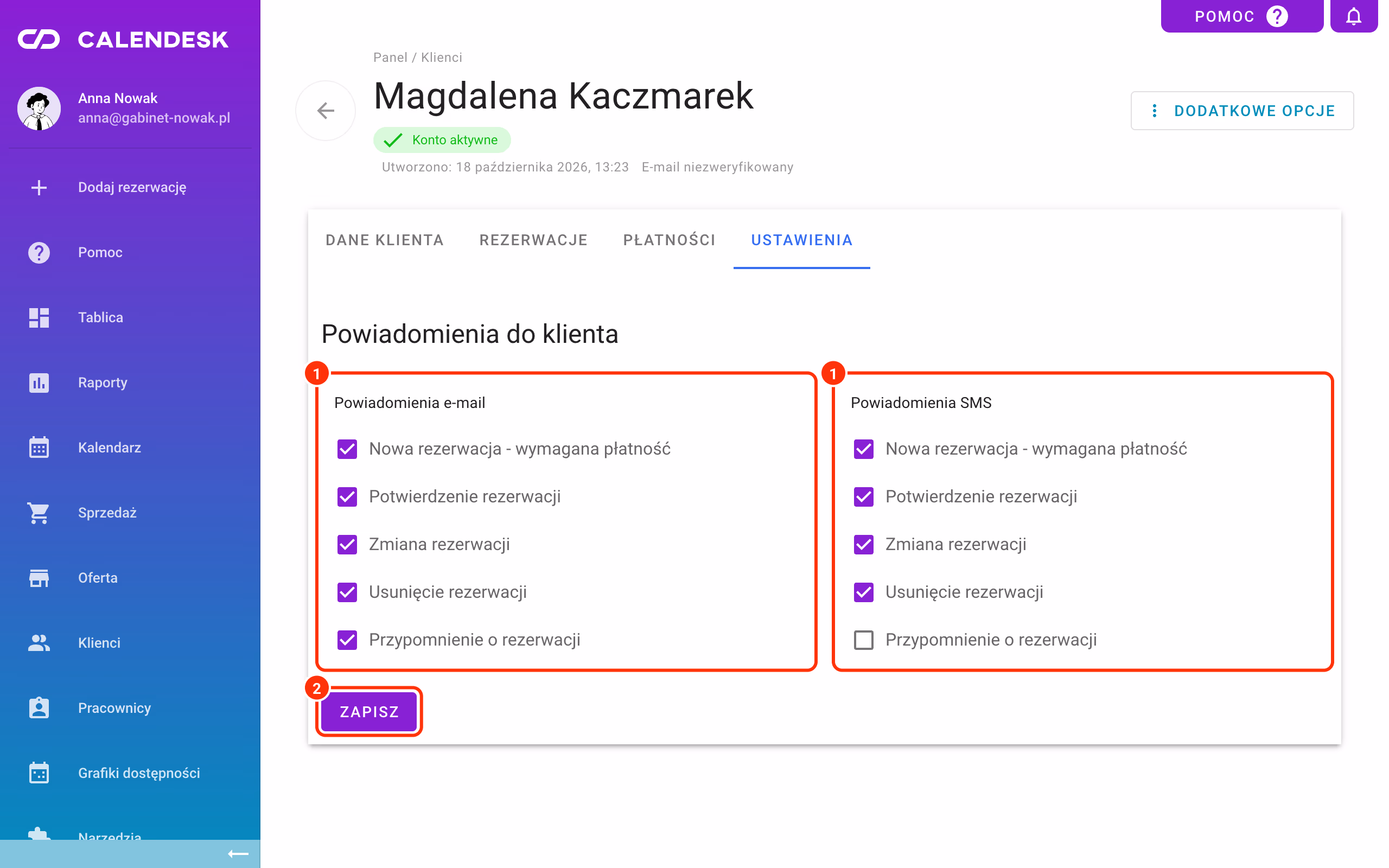 Powiadomienia e-mail i SMS w karcie klienta (1) i Zapisz (2).