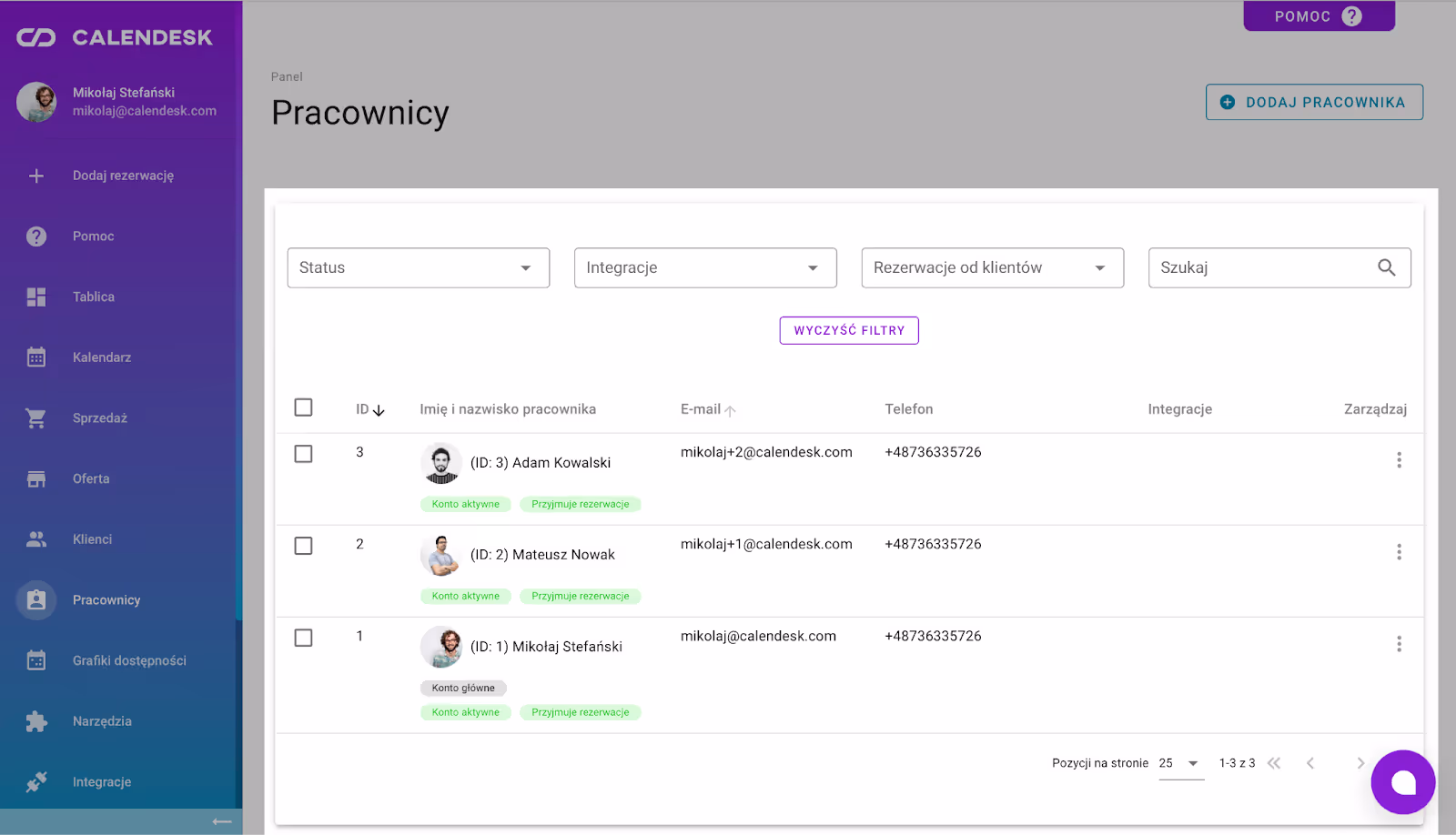 To zdjęcie przedstawia listę pracowników w zakładce Pracownicy.