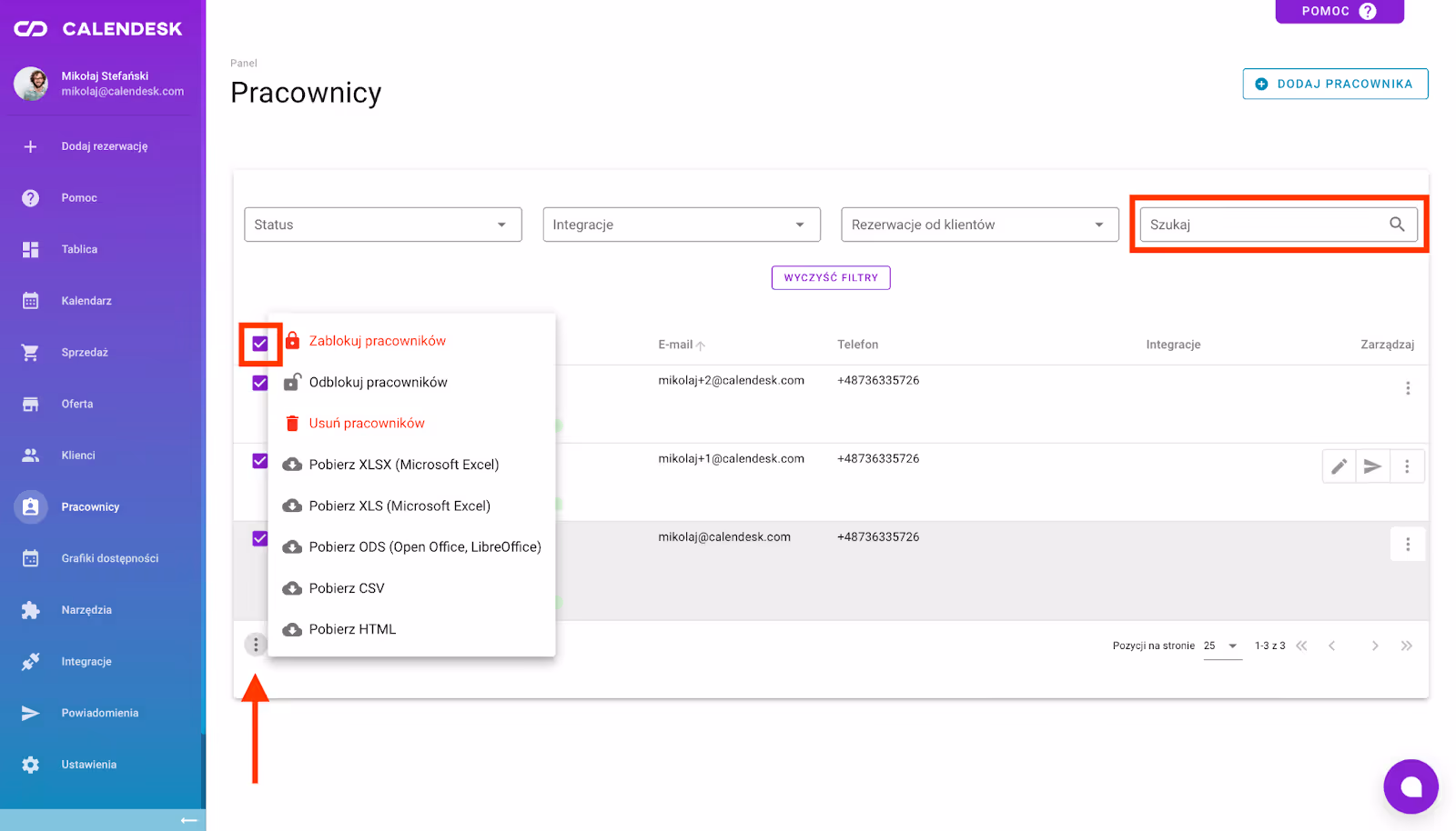 To zdjęcie przedstawia listę opcje zarządzania listą pracowników.