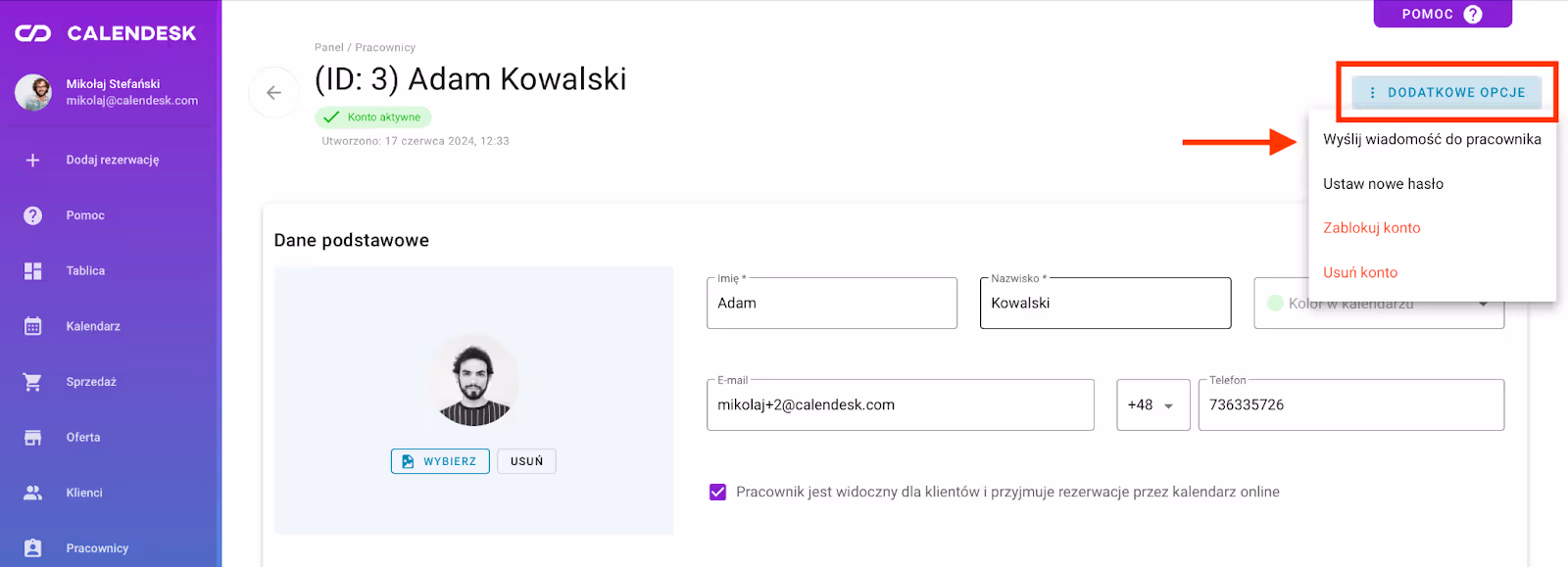 To zdjęcie przedstawia dodatkowe opcje zarządzania profilem pracownika.
