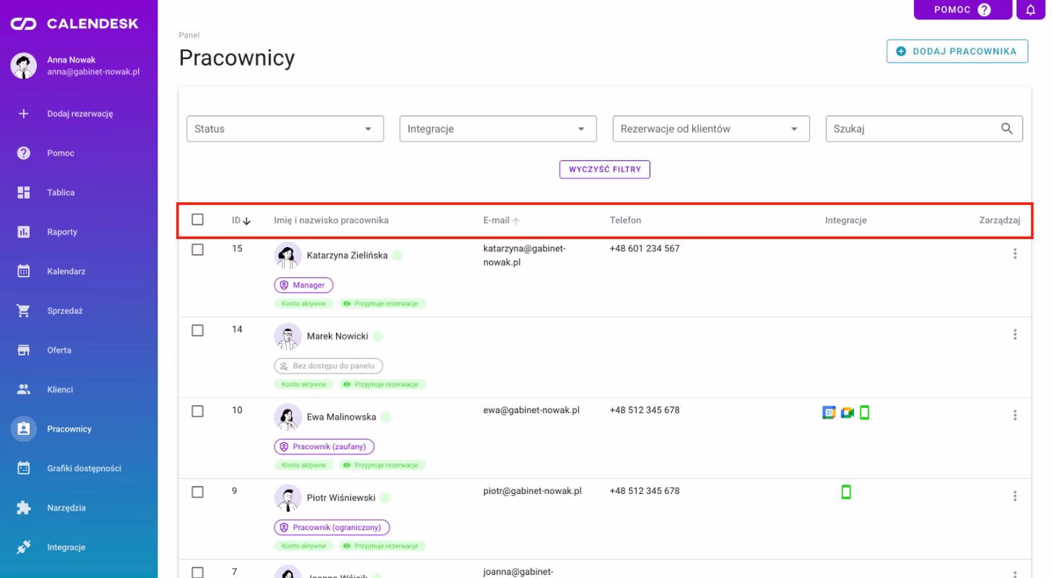 Lista pracowników z kolumnami tabeli.