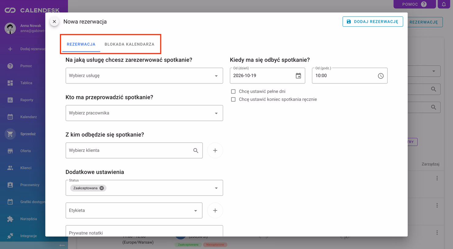 Okno Nowa rezerwacja z zakładkami Rezerwacja i Blokada kalendarza.