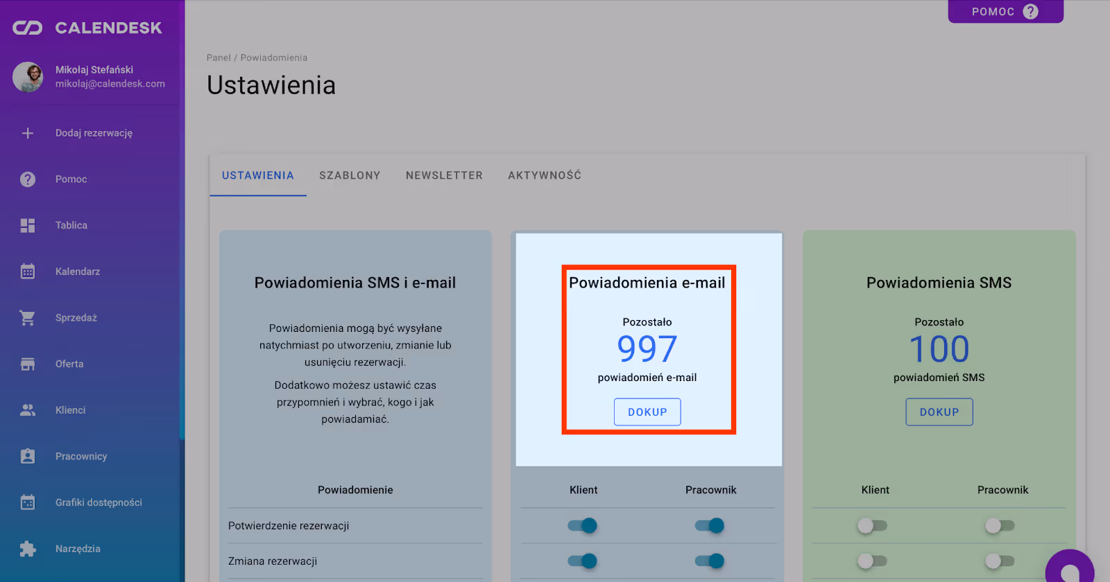 Liczba dostępnych powiadomień email.