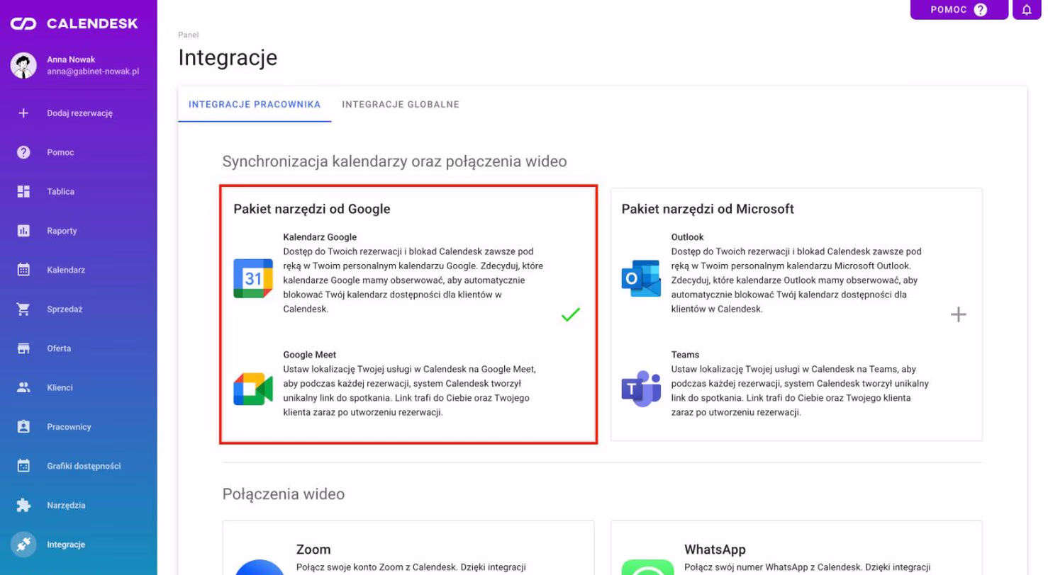 Zakładka Integracje z kafelkiem Google Calendar i Google Meet.
