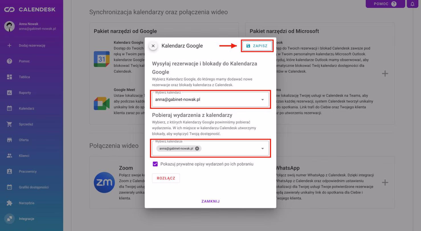Ustawienia połączonej integracji z Google.