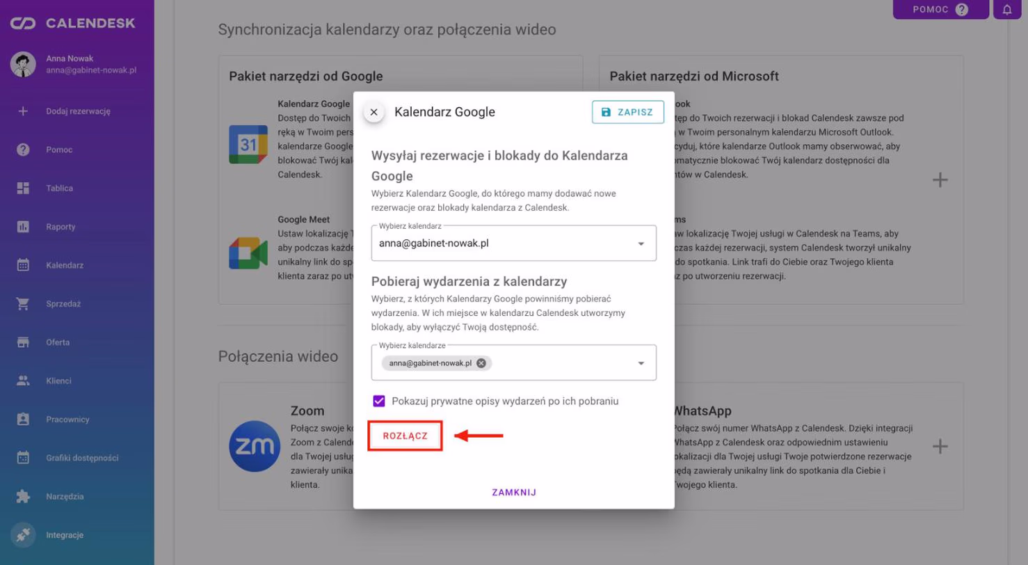 Przycisk rozłączenia integracji z Google.