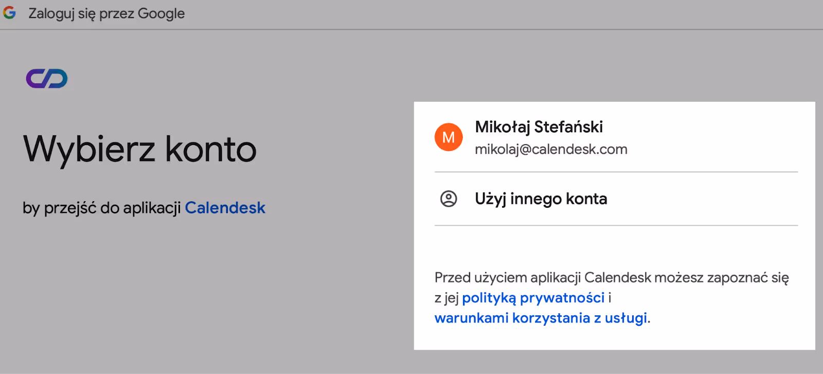 Wybór konta Google.