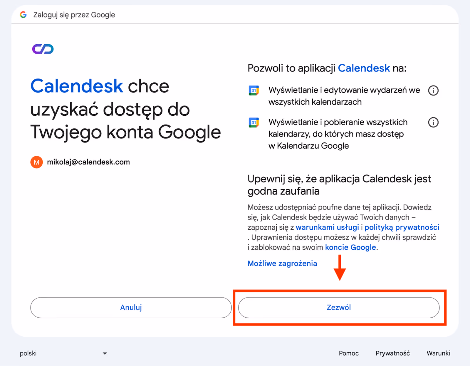 Akceptacja dostępu do konta Google.