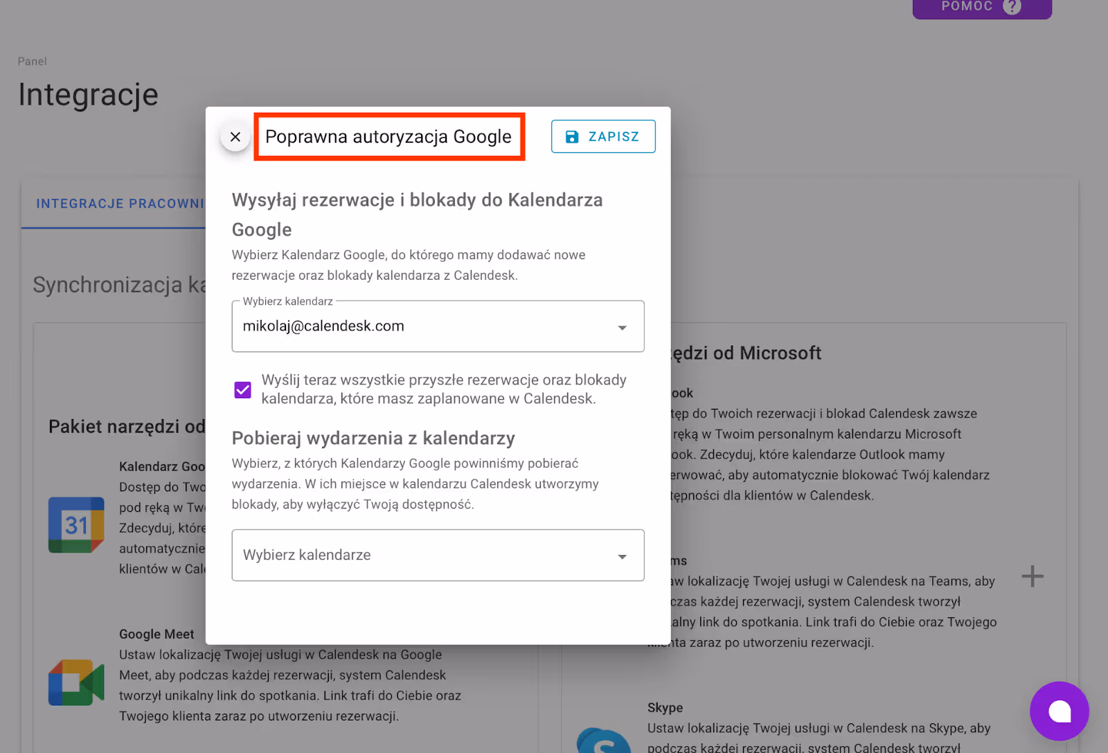 Wybór kalendarzy w integracji.