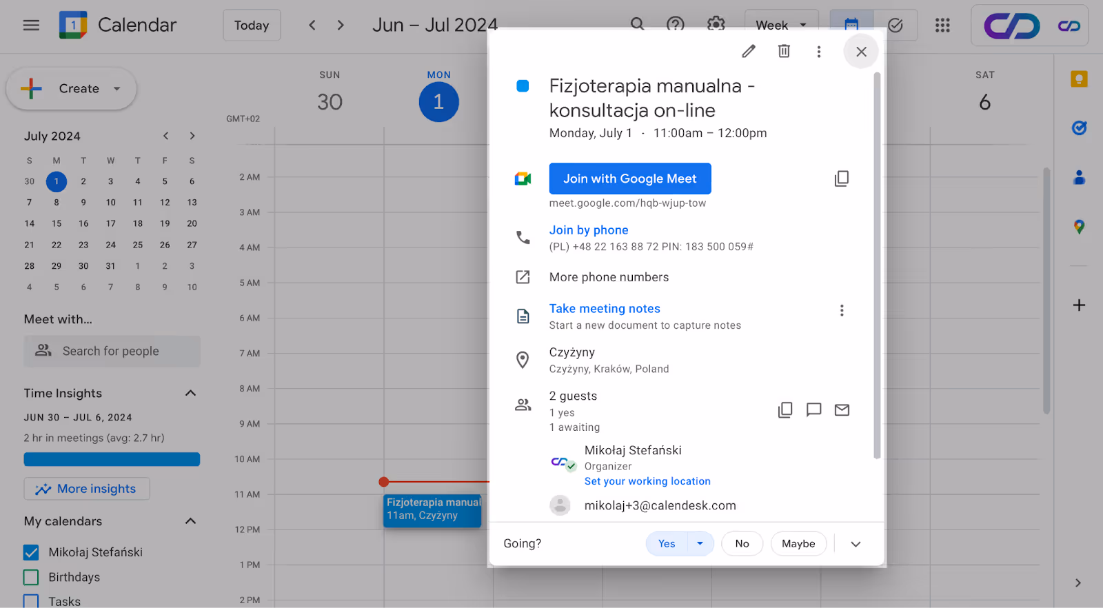 Podgląd wydarzeń importowanych z Calendesk do kalendarza Google. 