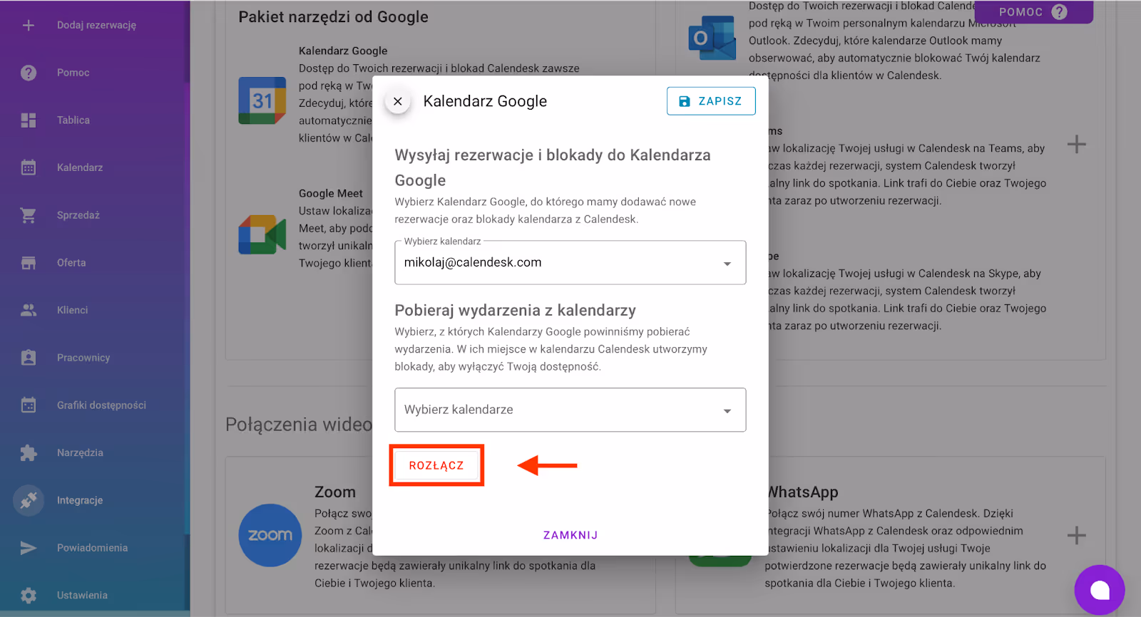 Rozłącz integrację z Google. 