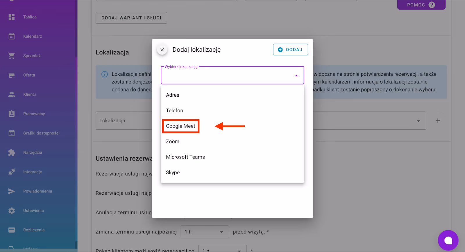 Lokalizacja w usłudze. 
