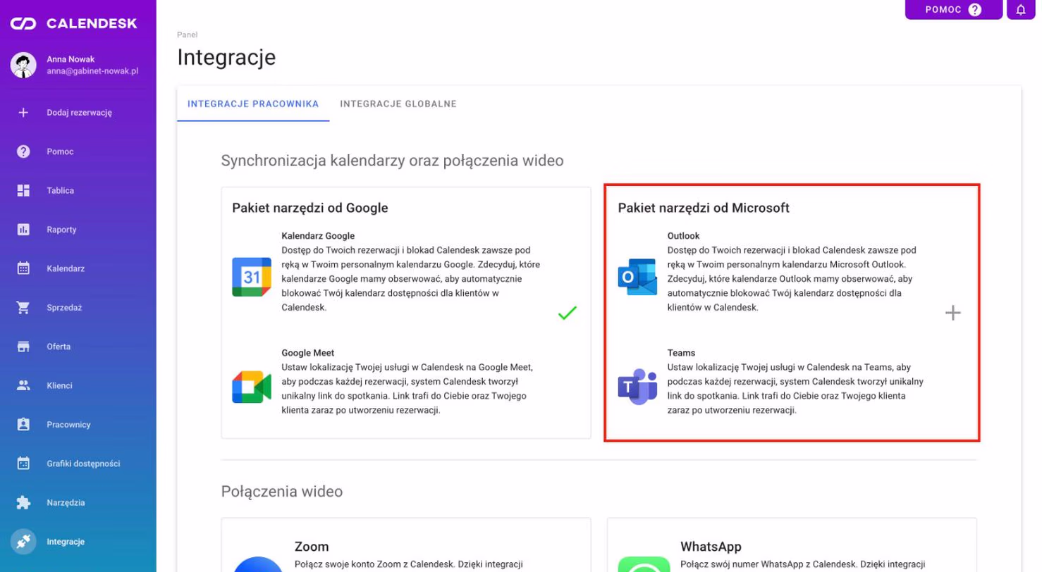 Zakładka Integracje z kafelkiem Microsoft Outlook i Teams.