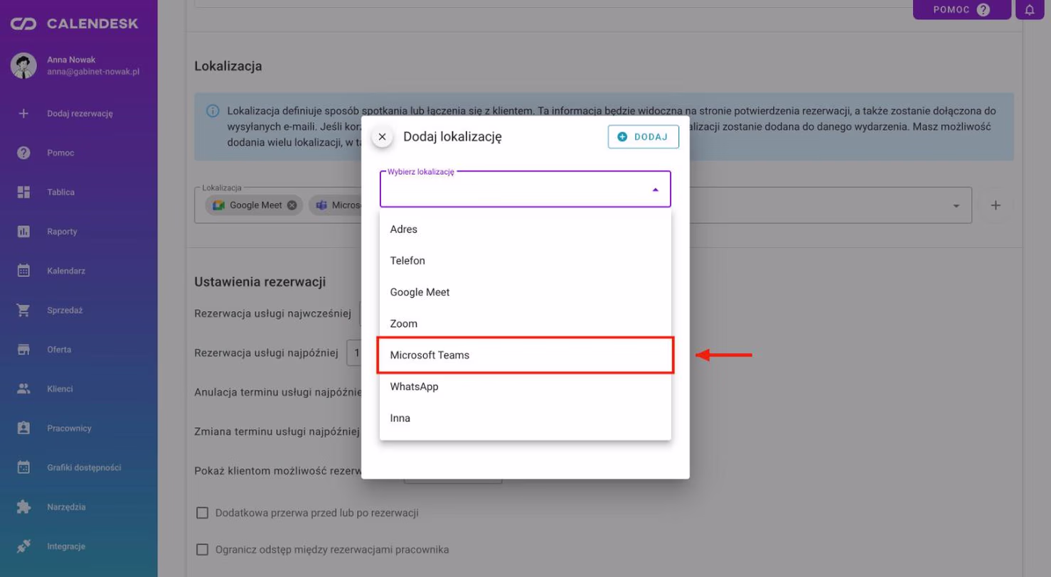 Okno Dodaj lokalizację z opcją Microsoft Teams.