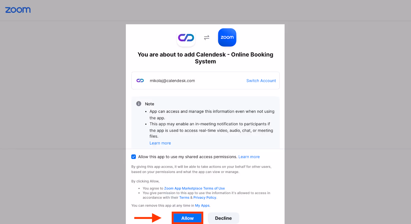 Zgody na integrację Zoom Calendesk.