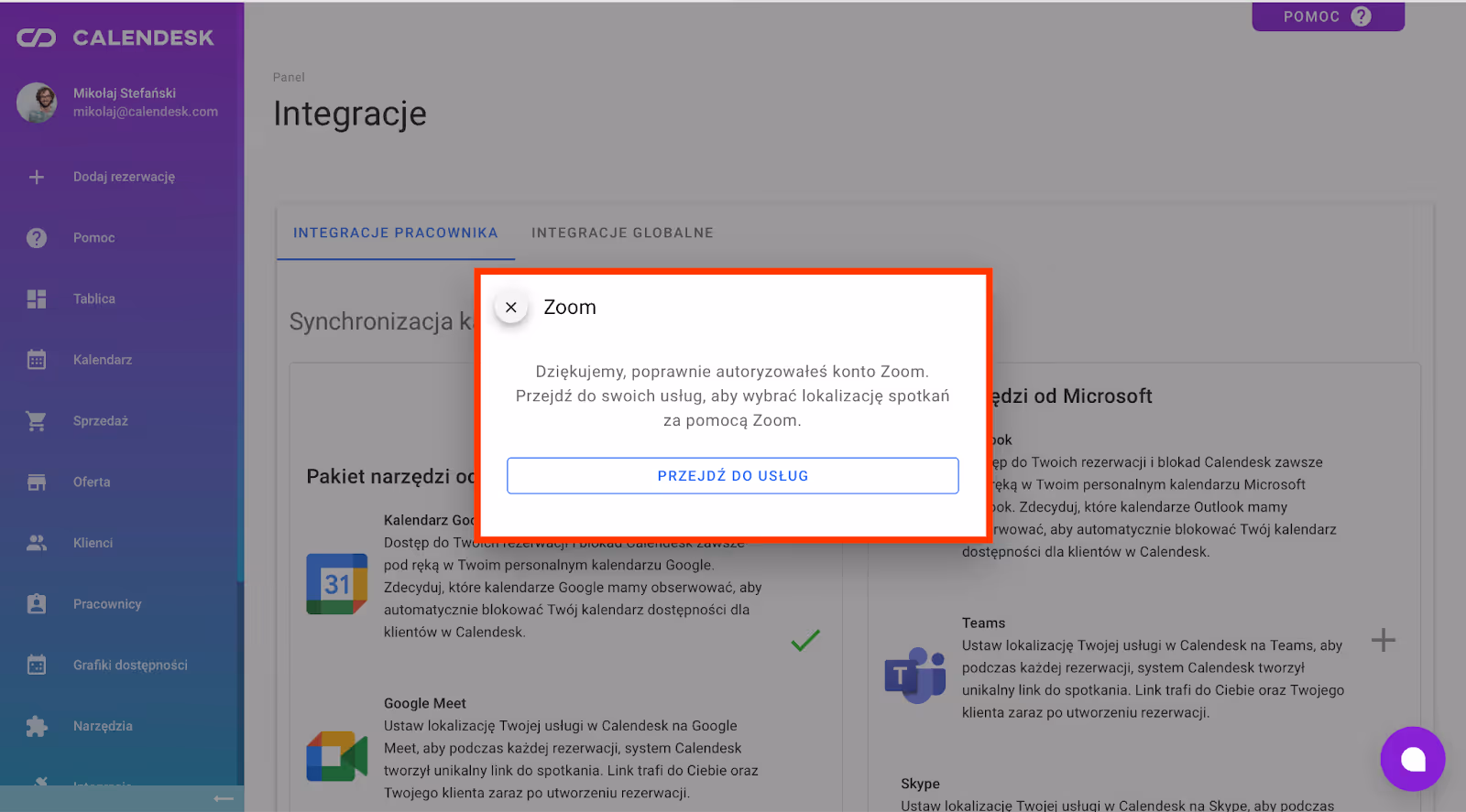 Komunikat o powodzeniu w integracji.