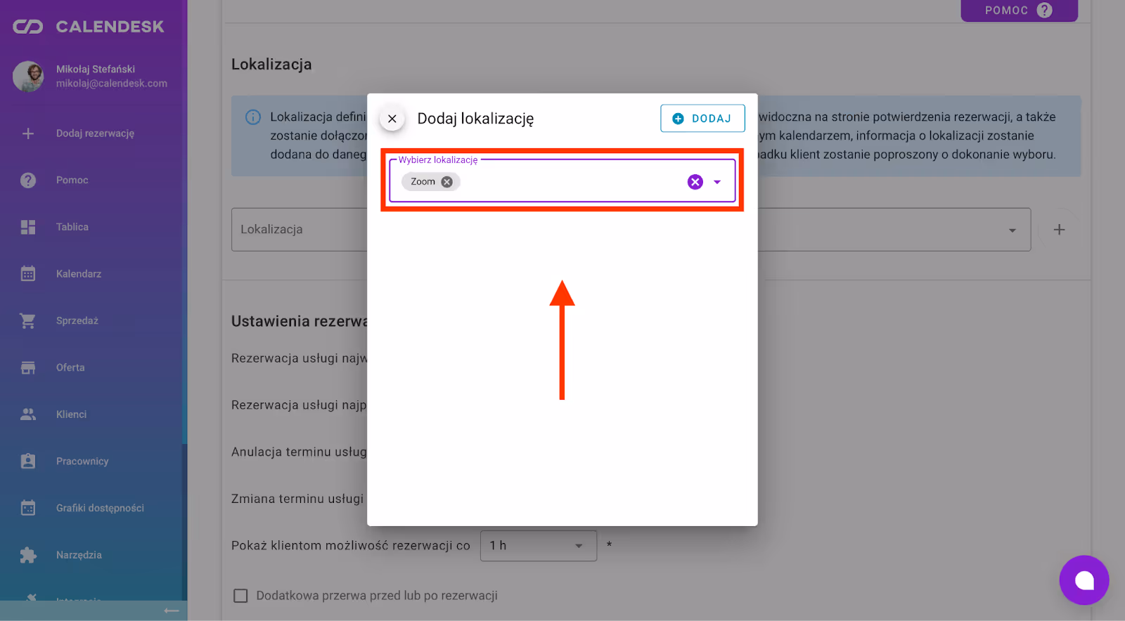 Wybór lokalizacji w ustawieniach usługi.