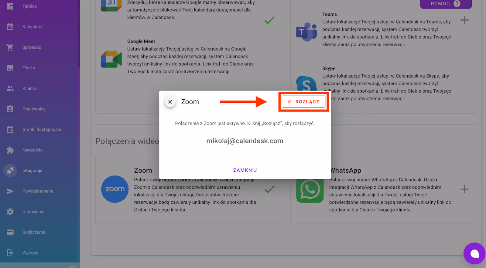 Rozłączanie integracji Zoom.