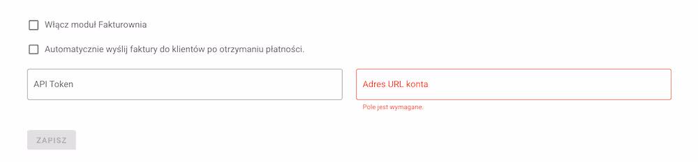 Pola na token API i adres URL konta.