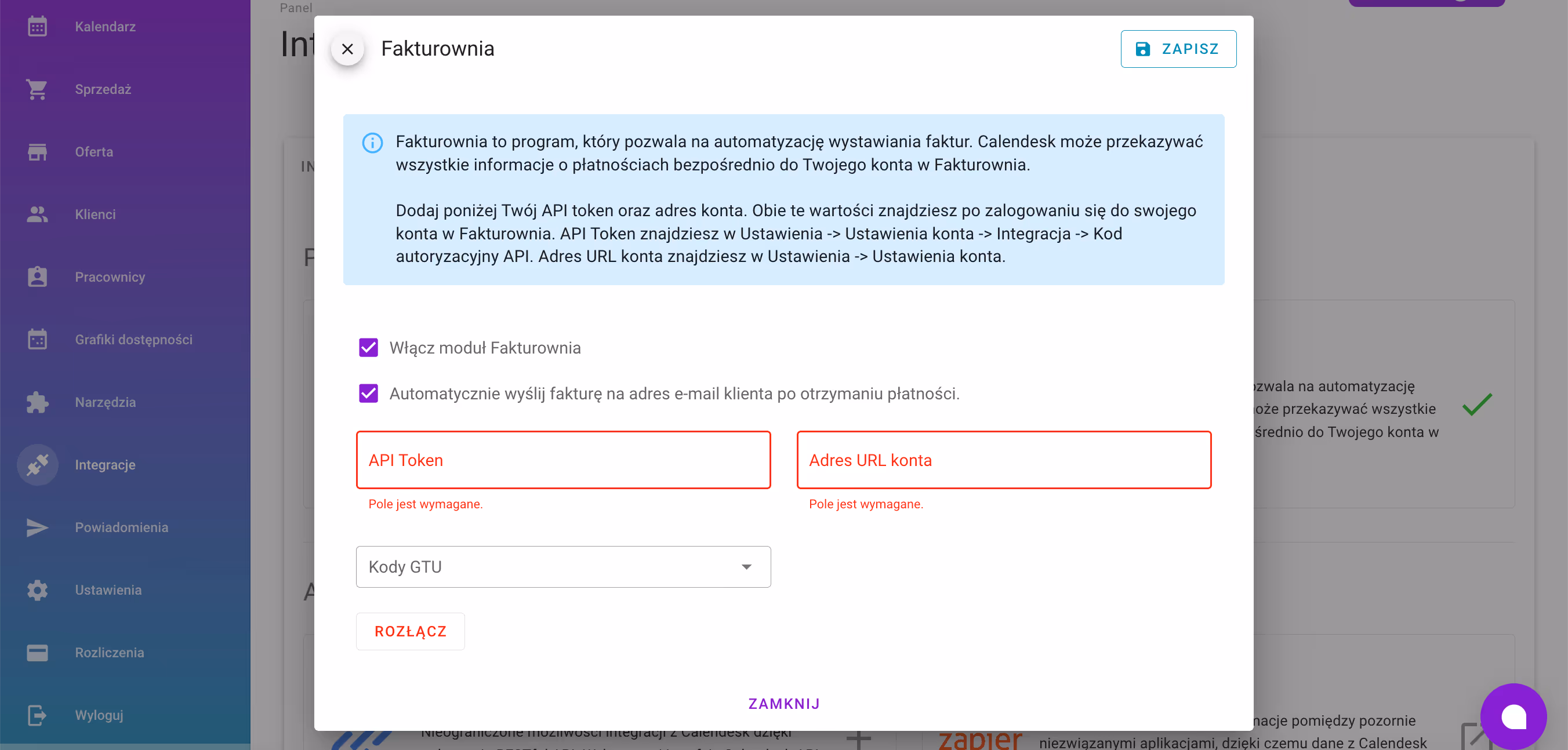 Integracja Calendesk z Fakturownią.