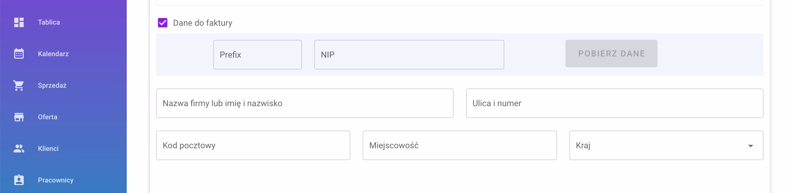 Dane do faktury klienta. 