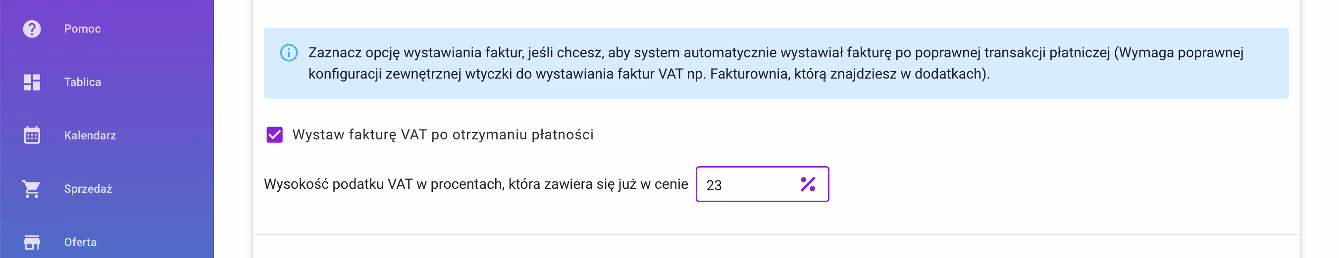 Aktywacja faktury dla pozycji + Stawka VAT.