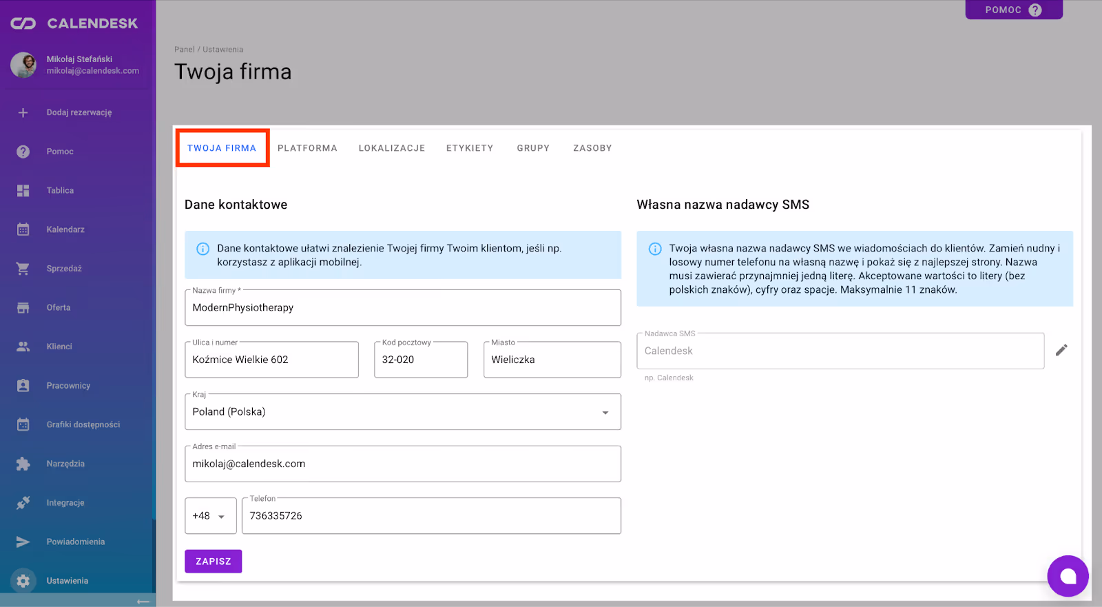 Ustawienia – Twoja firma.