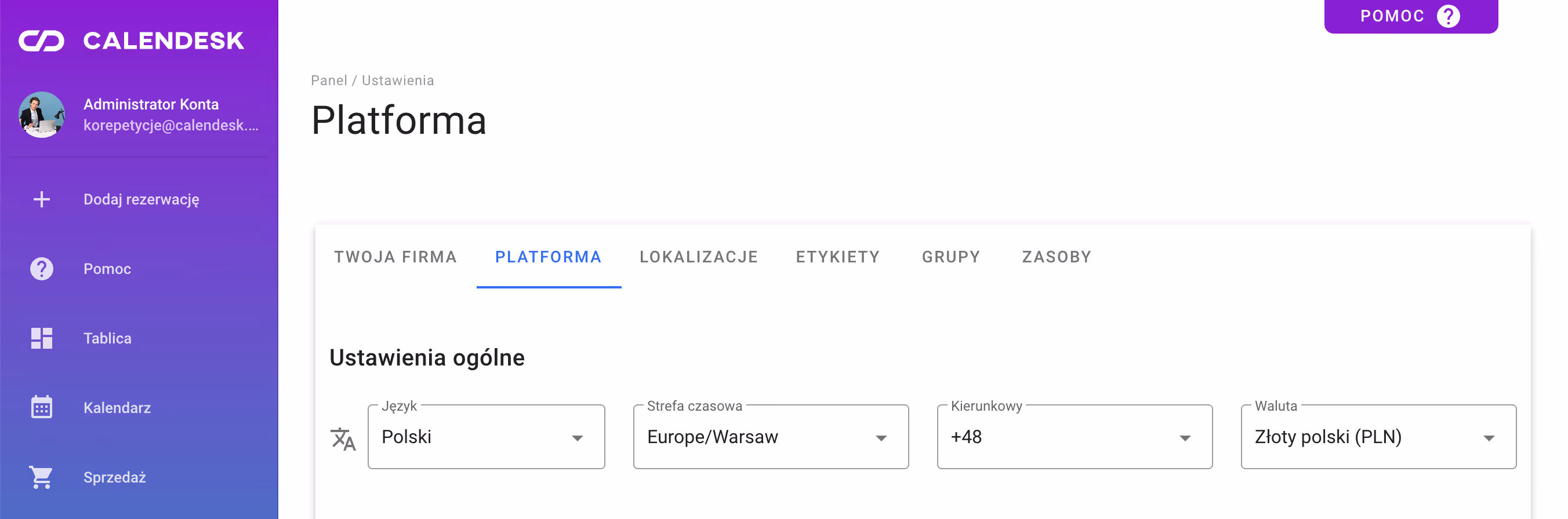 Główne funkcje zakładki Platforma.