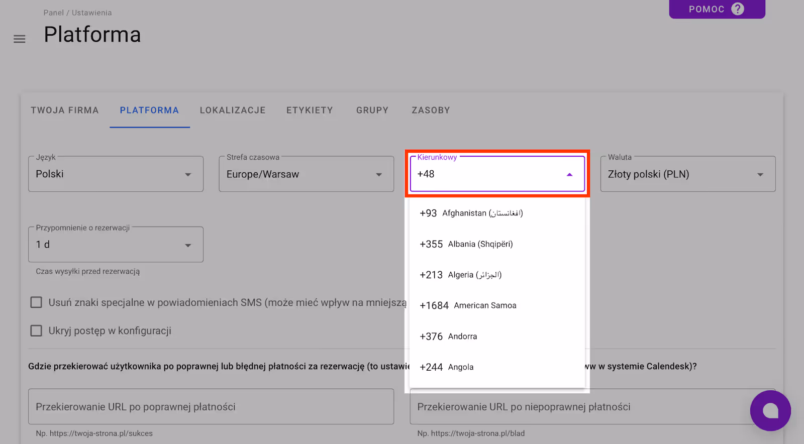 Zmiana numeru kierunkowego w Platformie.