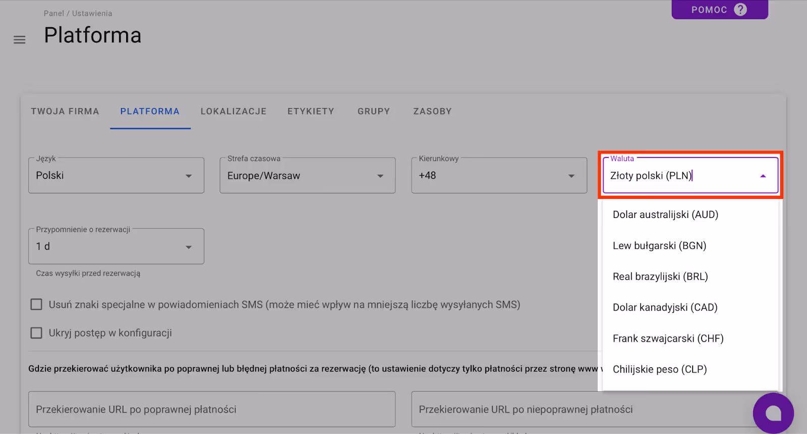 Zmiana waluty w Platformie.