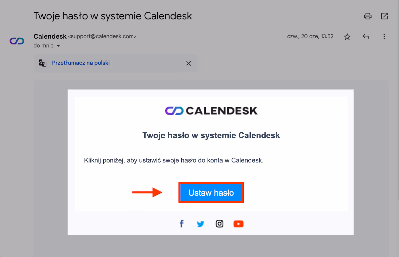 Przycisk z maila do zmiany hasła.