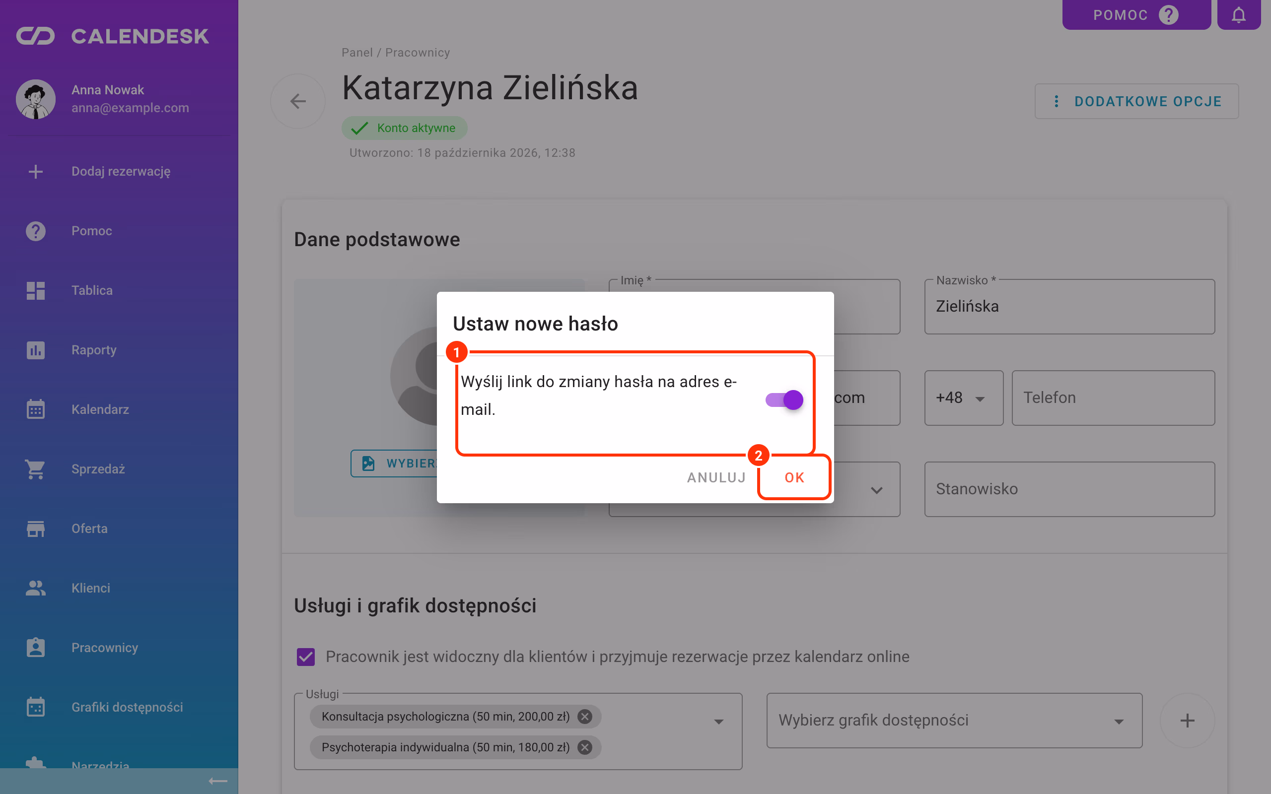 Okno Ustaw nowe hasło z przełącznikiem wysyłki linku na adres e-mail.