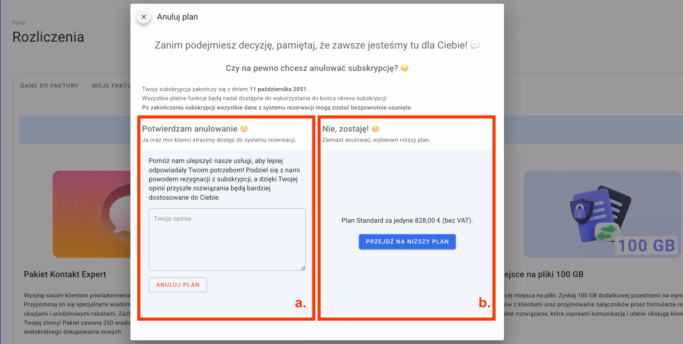 Opcje przy anulowaniu subskrypcji. 