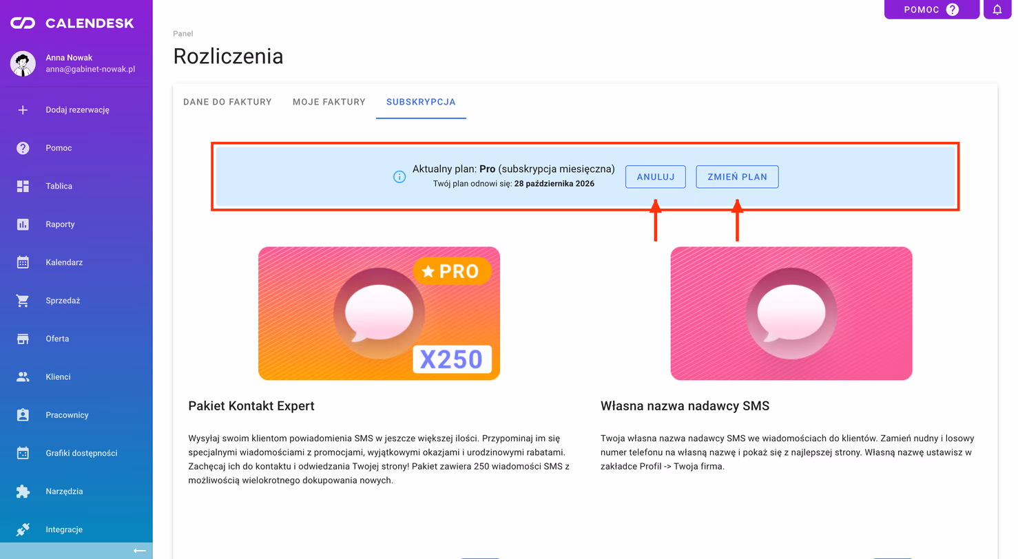 Aktualny plan w zakładce Subskrypcja z przyciskami Zmień plan i Anuluj.