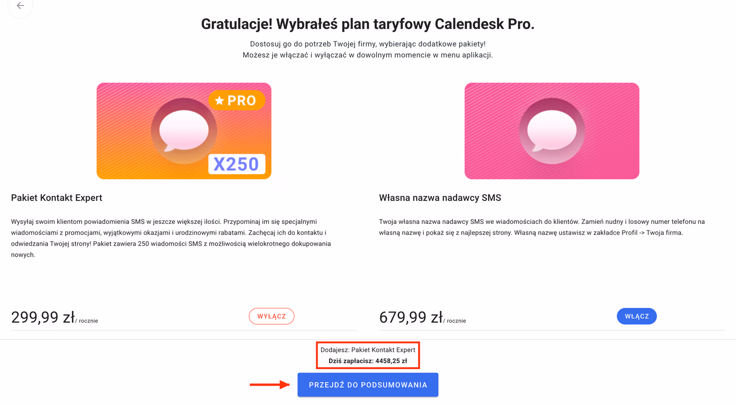 Konfiguracja planu z pakietami i paskiem zmian.