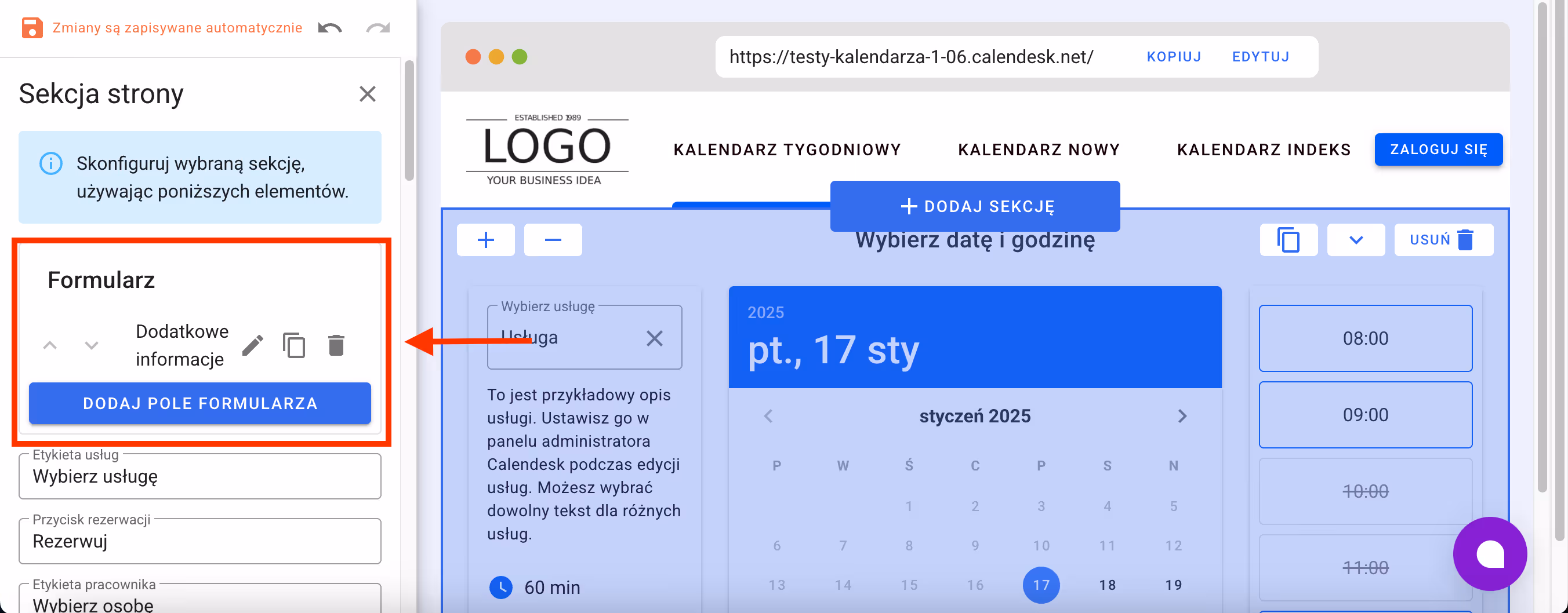 Edycja formularza rezerwacji.