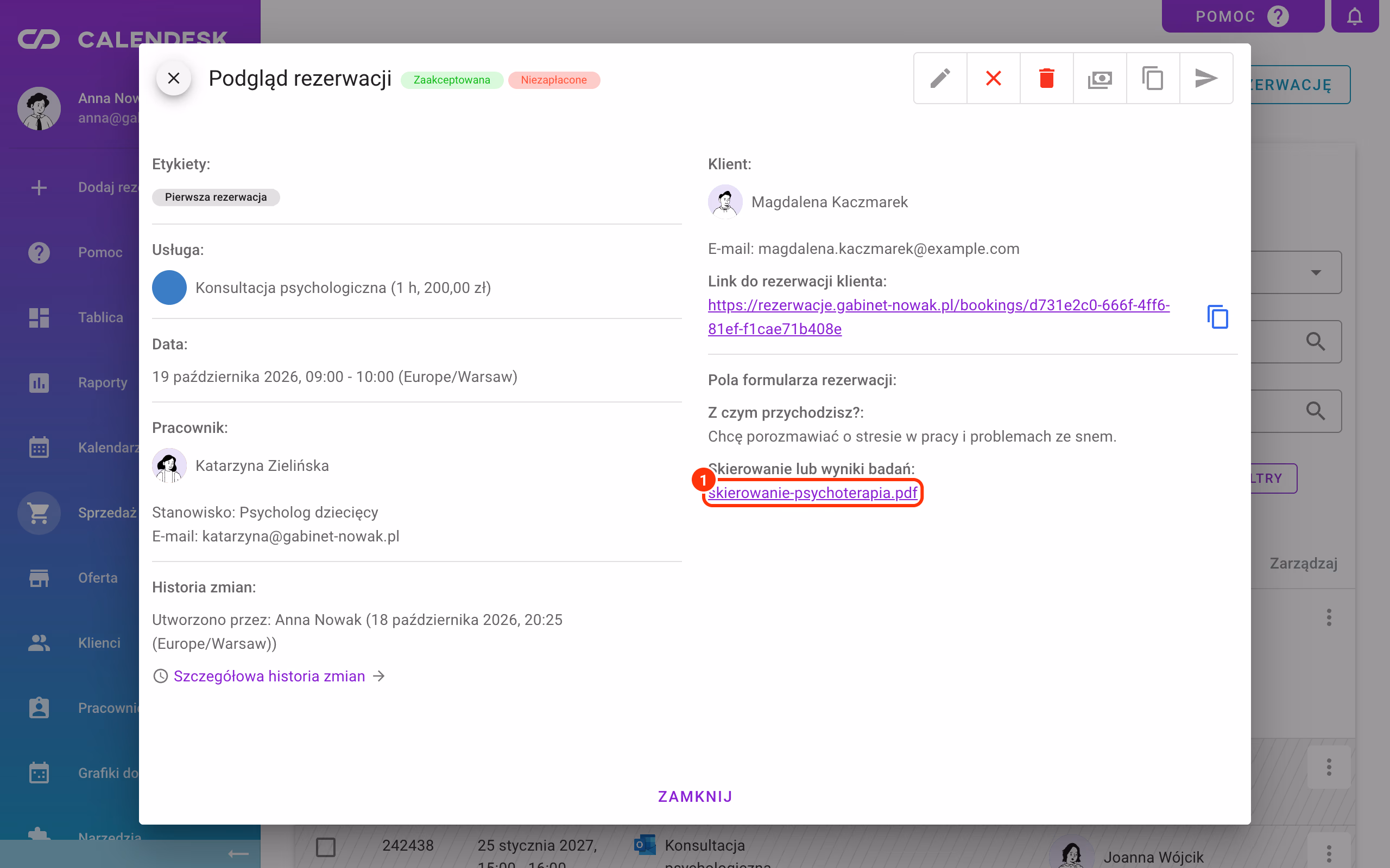 Podgląd rezerwacji z plikiem przesłanym przez klienta w formularzu (1).