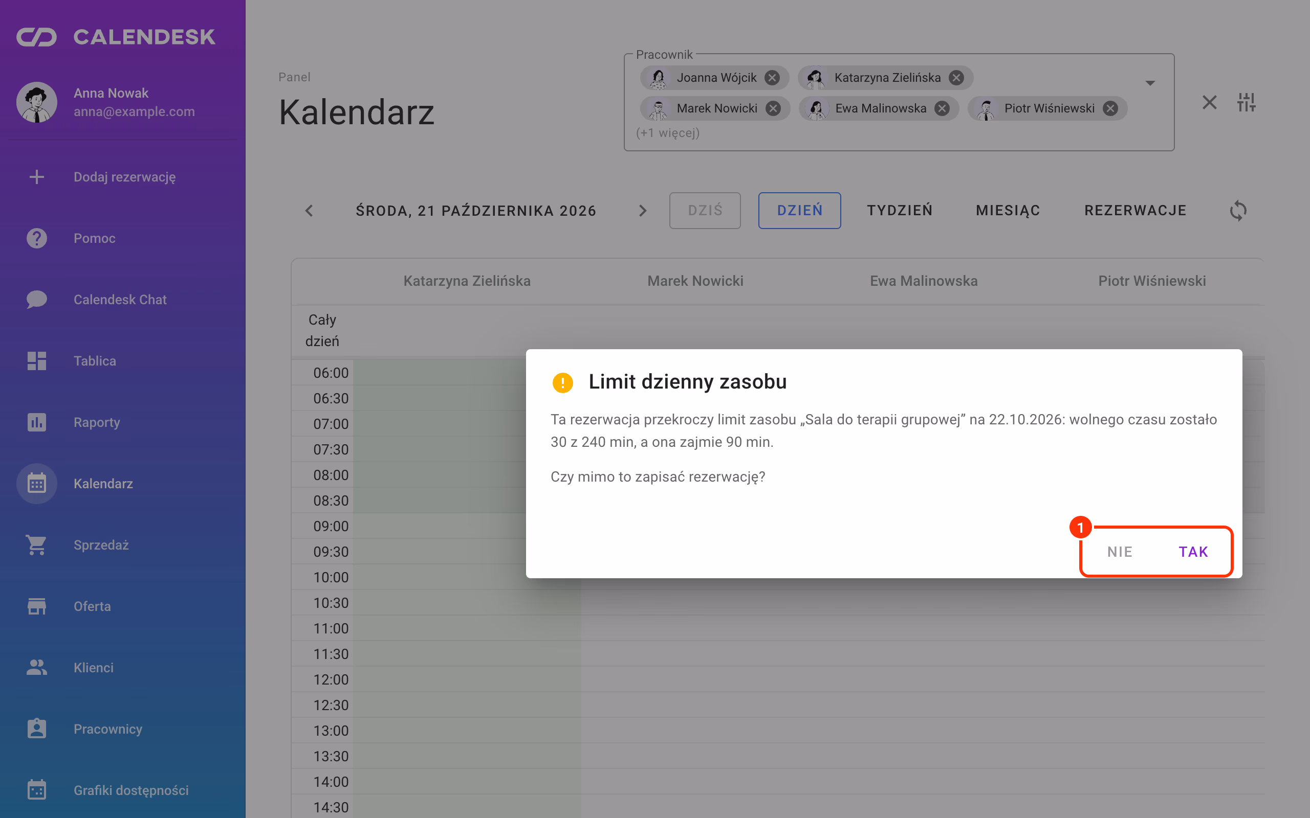 Okno Limit dzienny zasobu z pytaniem o zapis.