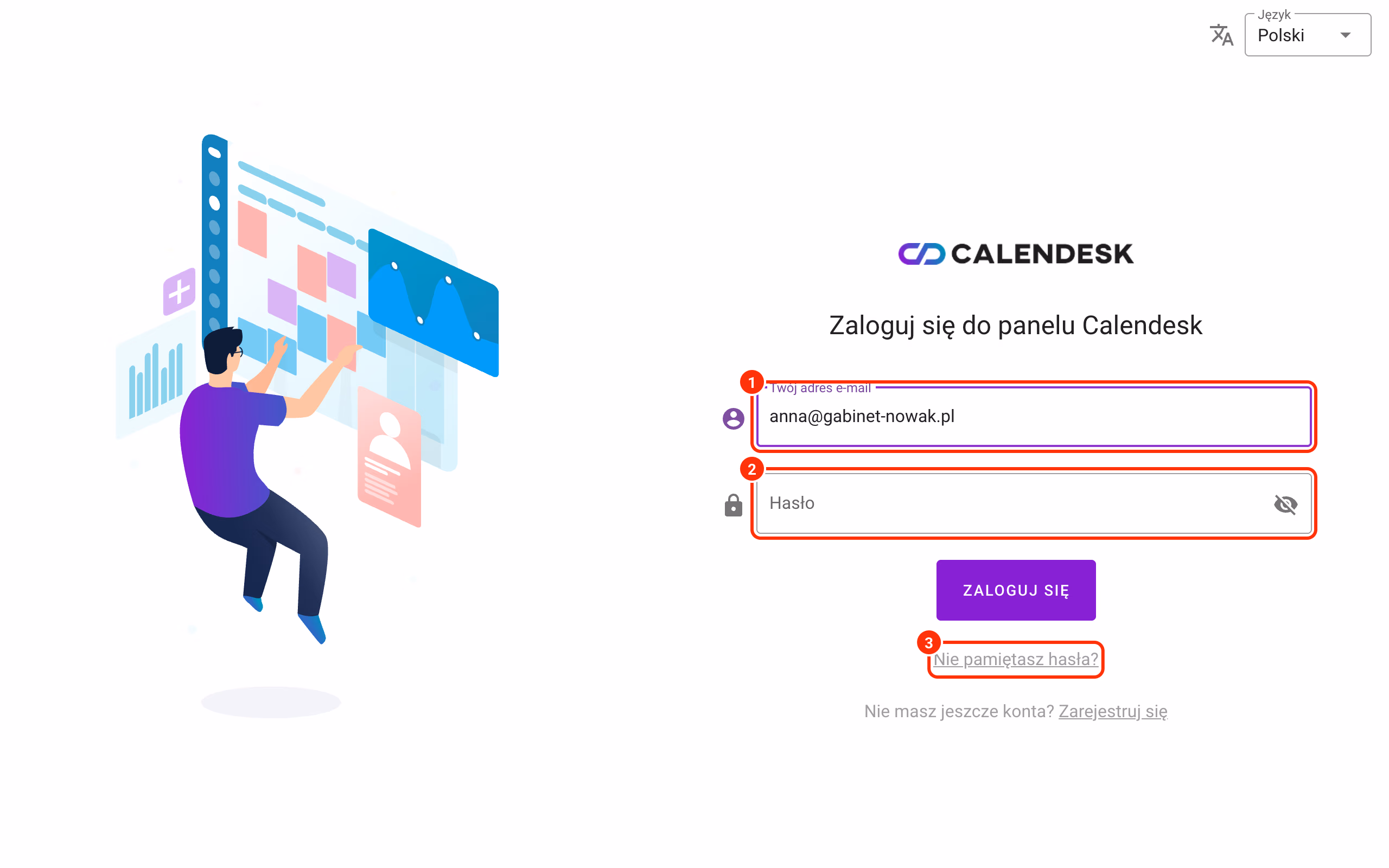Strona logowania: e-mail (1), hasło (2) i Nie pamiętasz hasła? (3).