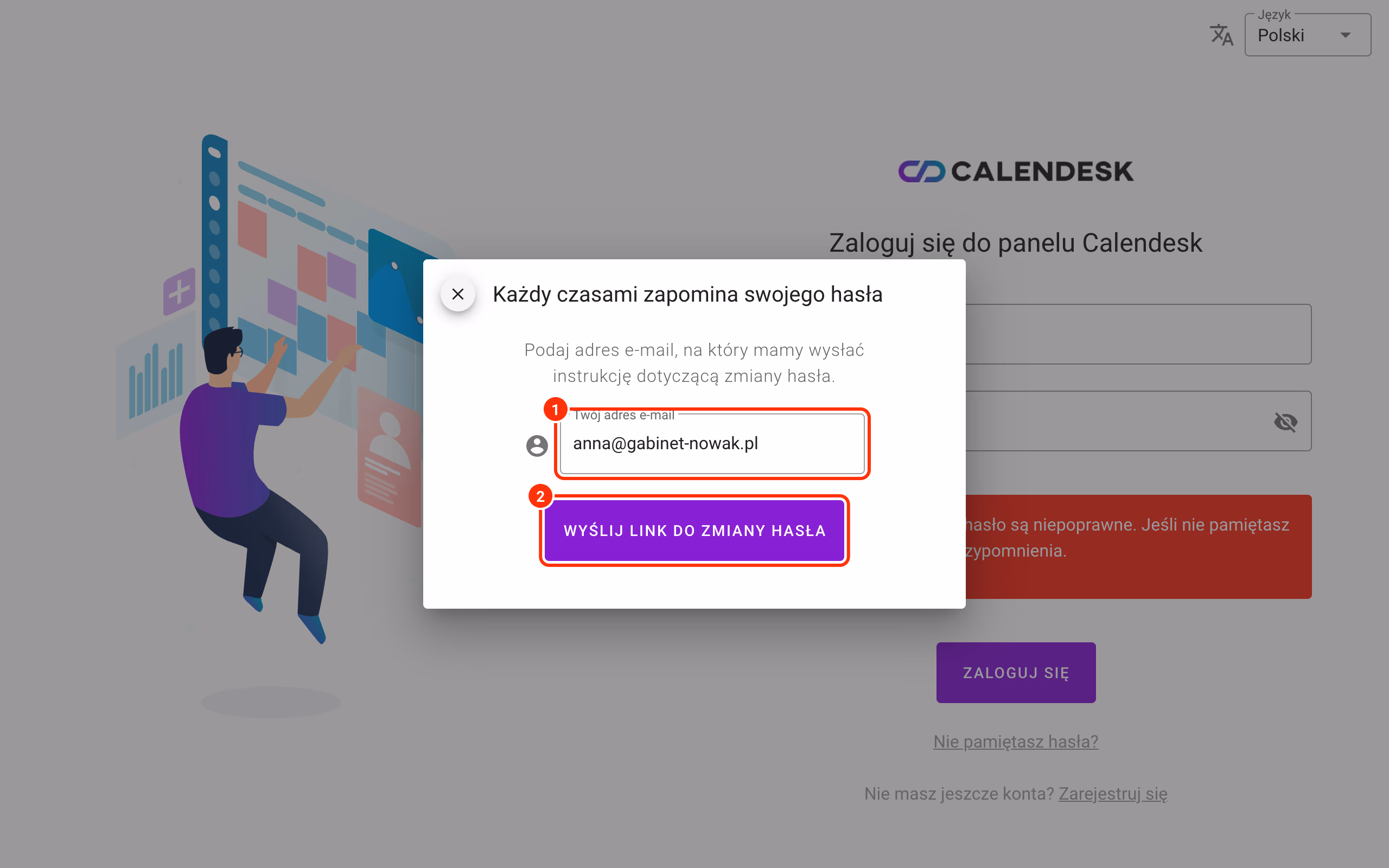Okno przypomnienia hasła: e-mail (1) i Wyślij link do zmiany hasła (2).
