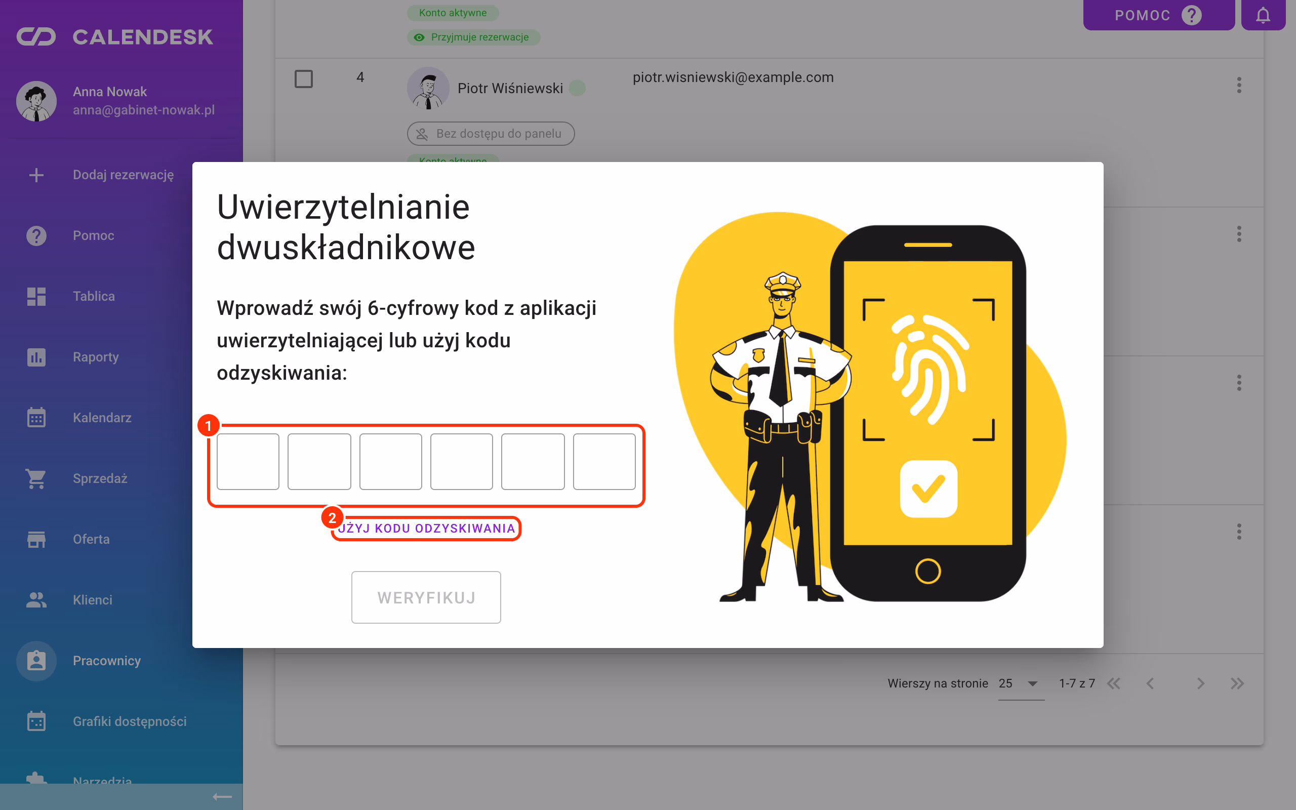 Kod z aplikacji uwierzytelniającej (1) i Użyj kodu odzyskiwania (2).