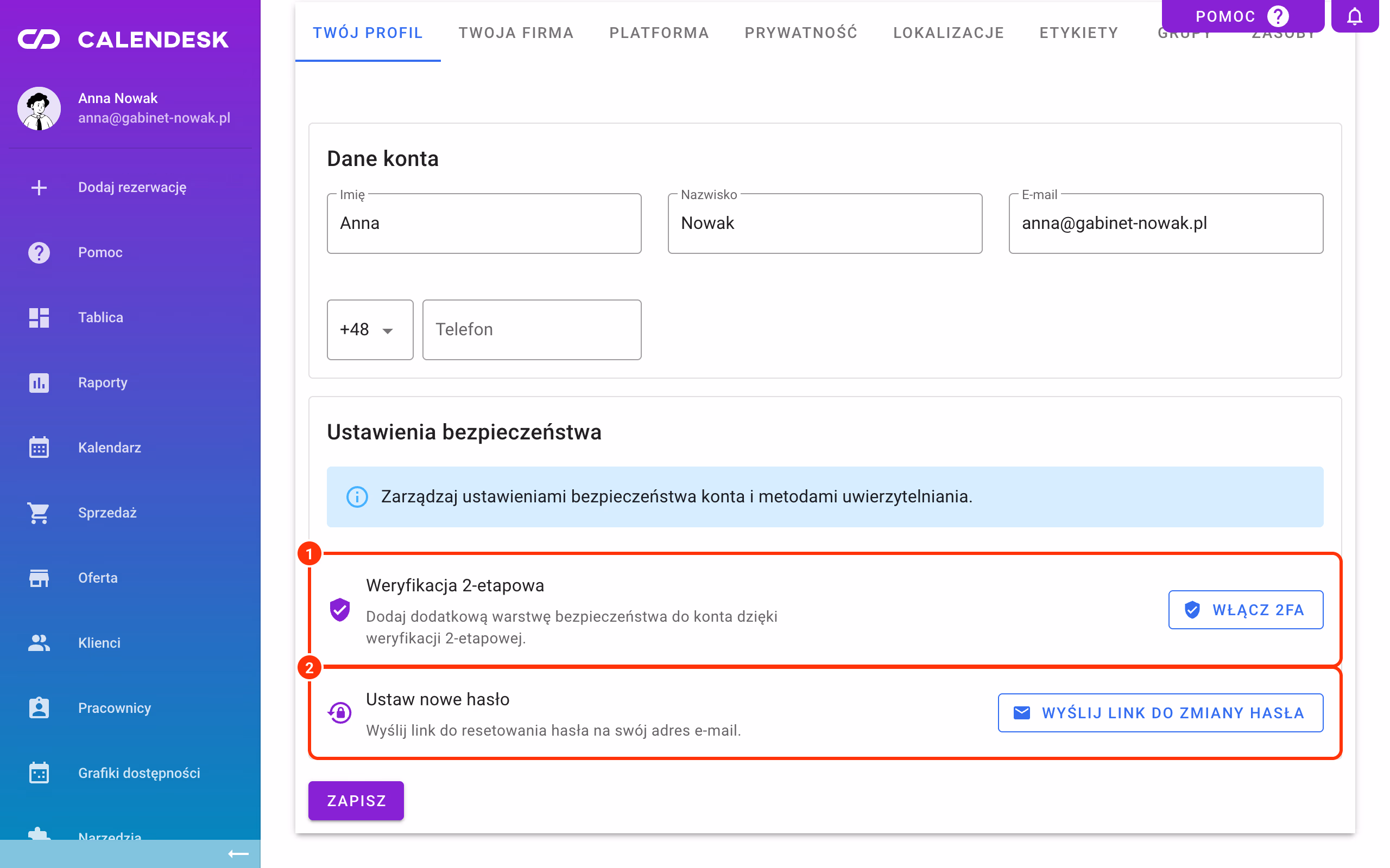 Weryfikacja 2-etapowa (1) i Ustaw nowe hasło (2) w Twoim profilu.