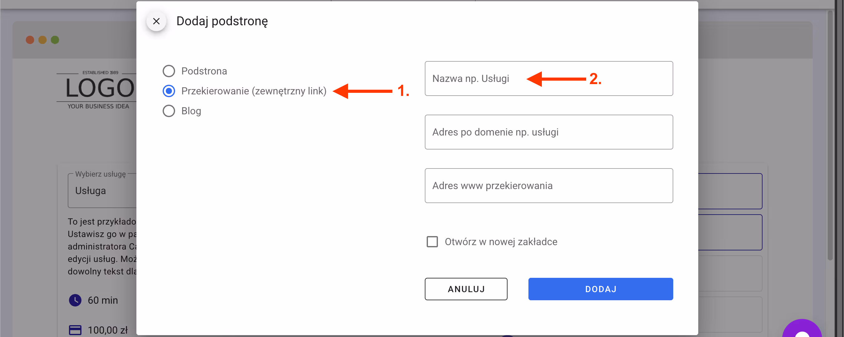 Wybór rodzaju podstrony.